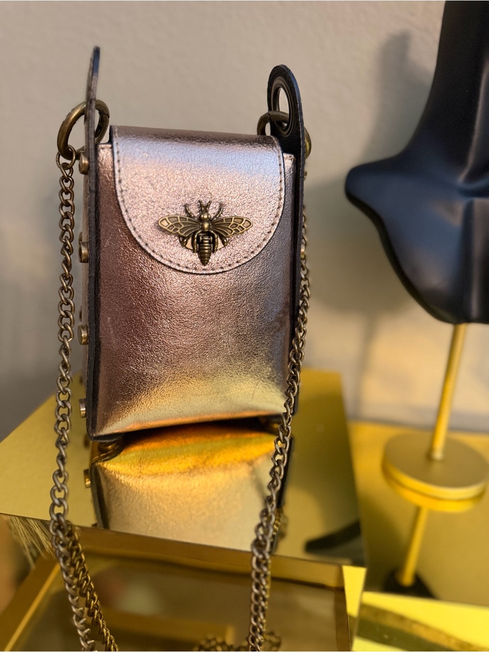 Vera Pelle Italian Metallic Bronze Crossbody Bag with Bee Accent